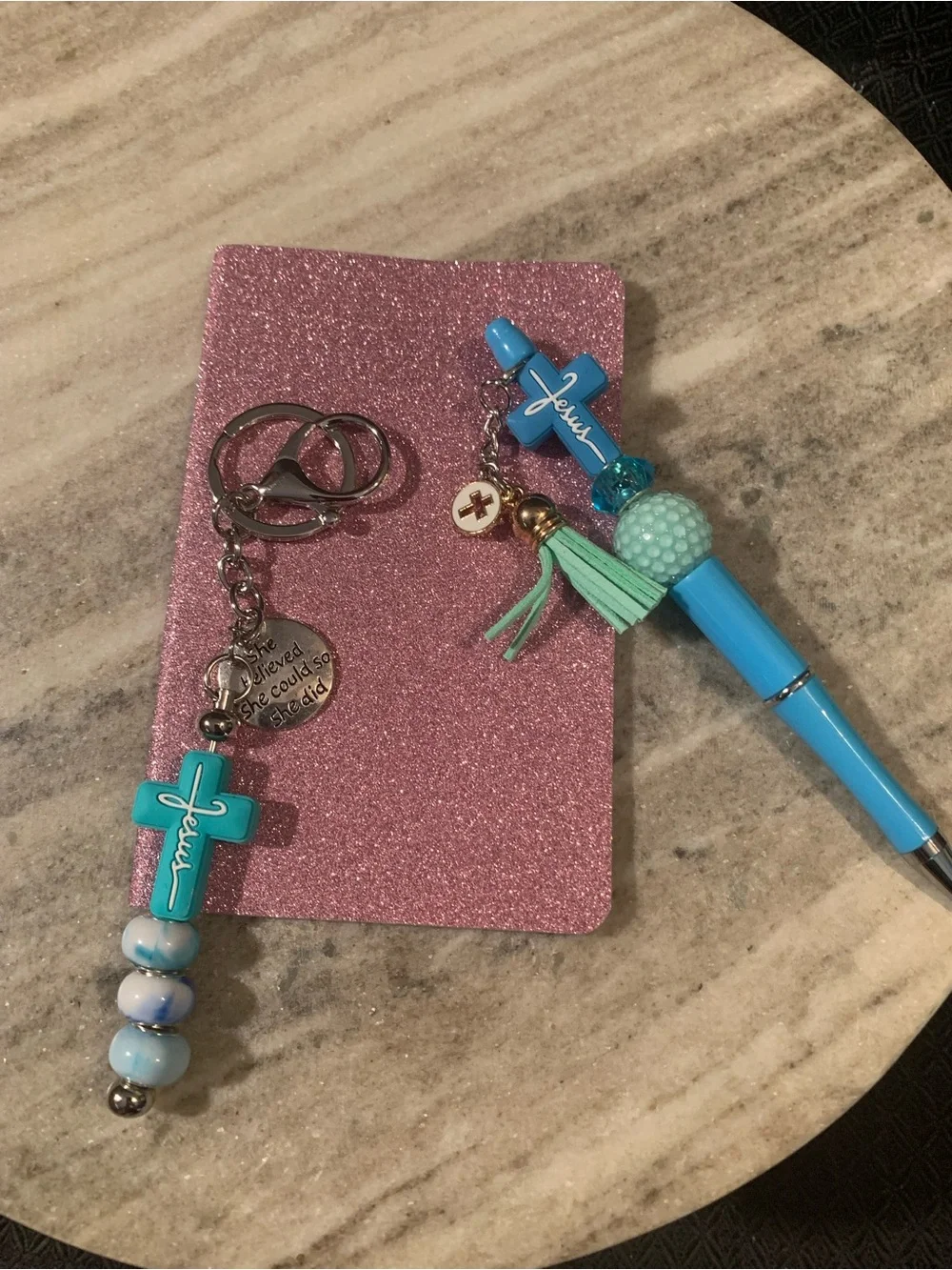 Pink Beaded Pen and Keychain Set with Cross Charm
